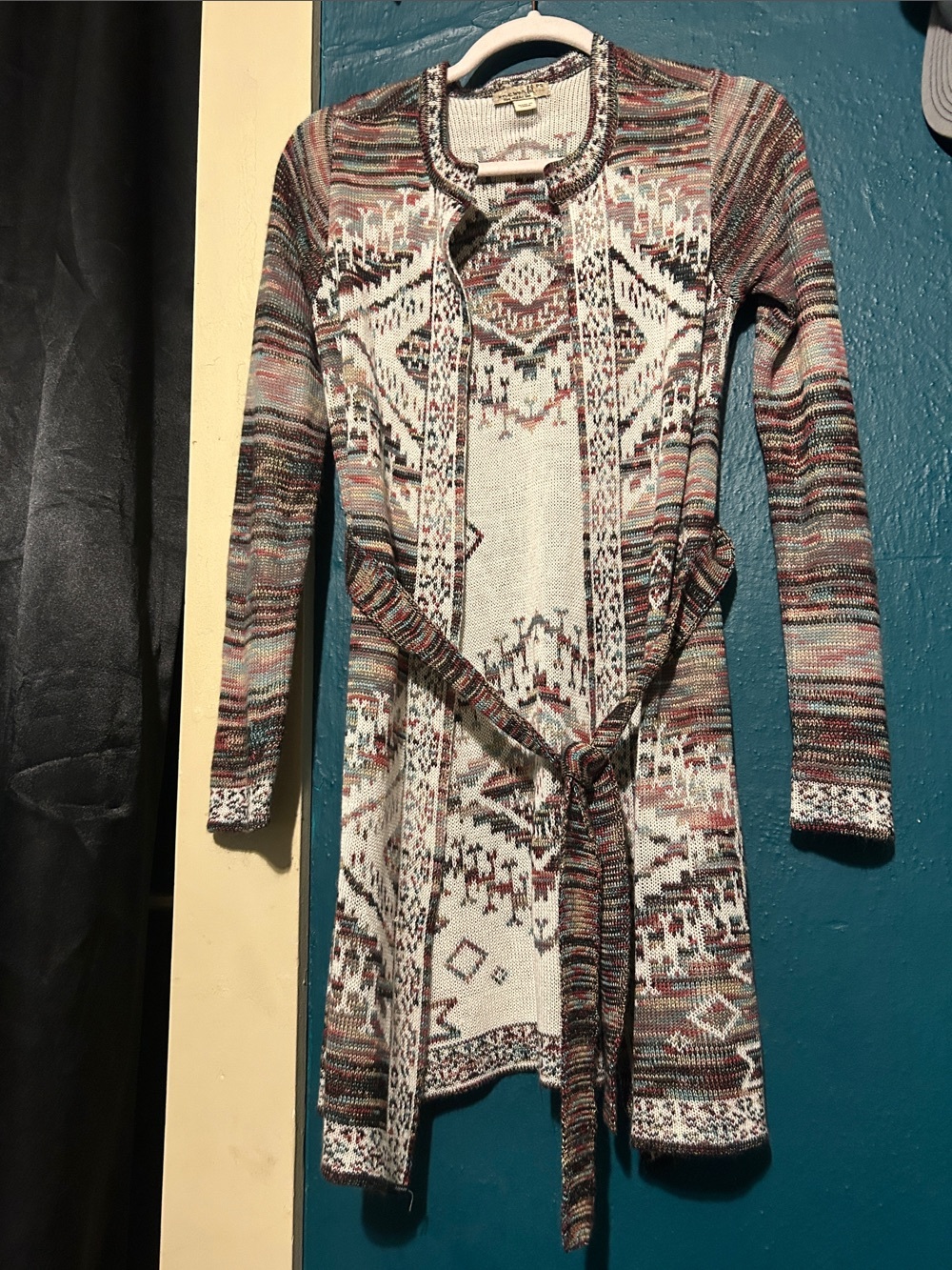 ONE WORLD Aztec Open-Front Long Sleeve Knit Dress - Cream, Brown, Rust, Teal